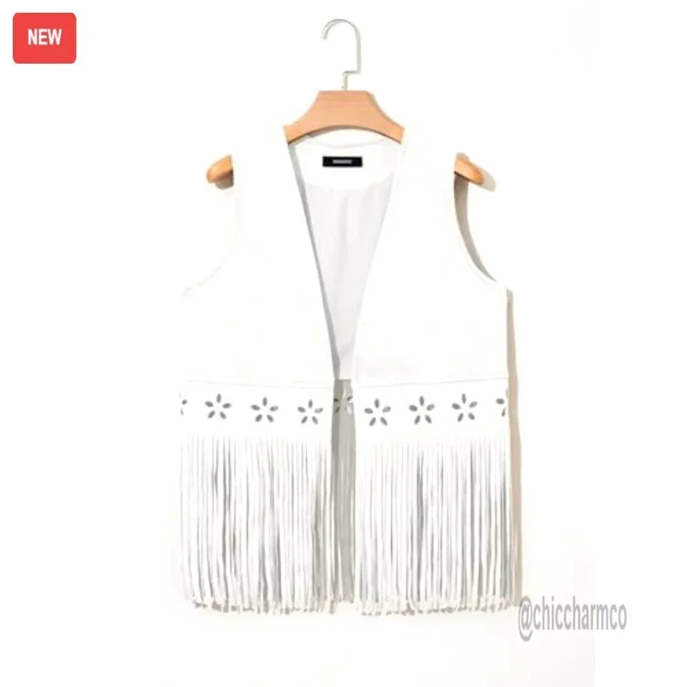 Faux Suede Fringe Vest Sleeveless Hollow Out Tassel Western Outerwear